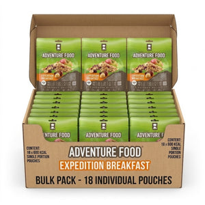 nture Food Expedition Breakfast bulkdoos 18 stuks
Alt-tekst: Adventure Food Expedition Breakfast in een kartonnen bulkdoos met 18 individuele maaltijdzakjes van 600 kcal.