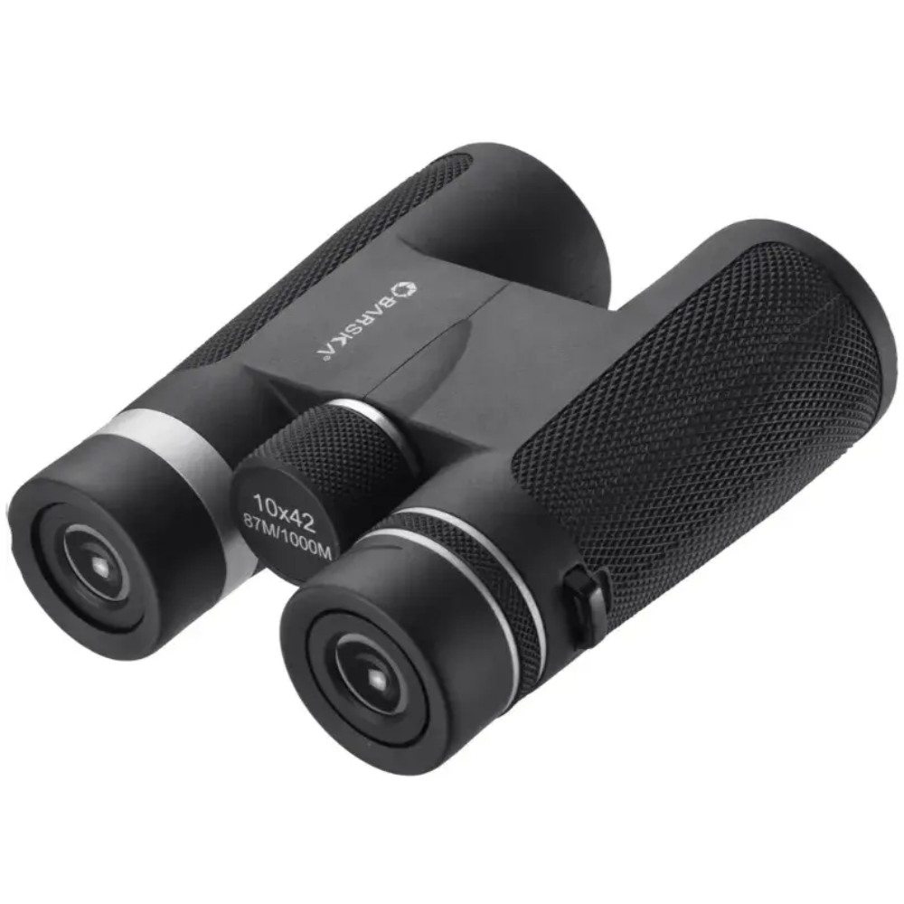 Barska 10x42 zwarte dakkant verrekijker met rubberen antislipstructuur, centrale scherpstelknop en zilveren ringen