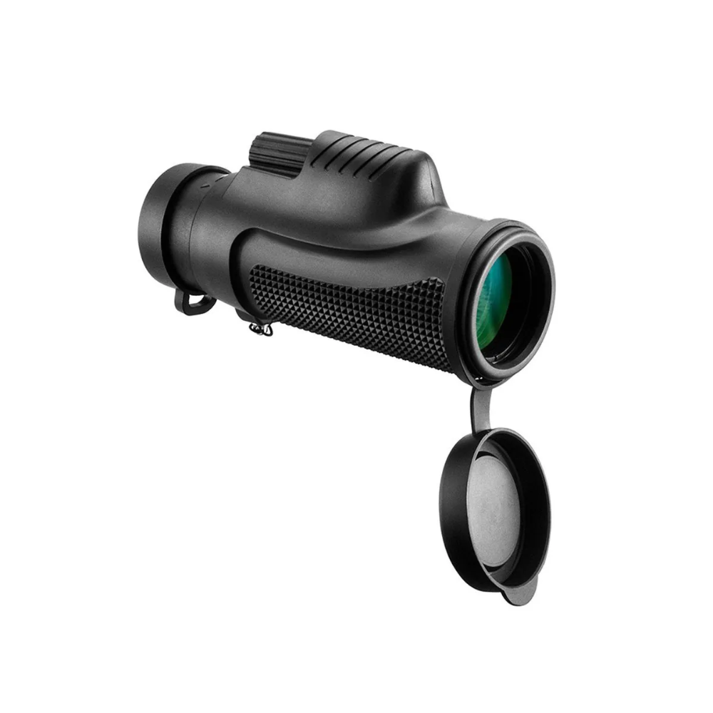Barska zwarte monoculaire kijker met openhangende lensdop, antislipstructuur en groene objectieflens