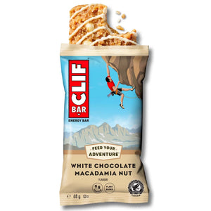 Clif Bar White Chocolate Macadamia Nut energiereep in folieverpakking met witte chocoladestukjes en macadamianoten