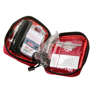 Care Plus First Aid Kit Compact geopende rode EHBO-tas met schaar, pincet en EHBO-materialen in transparante vakken