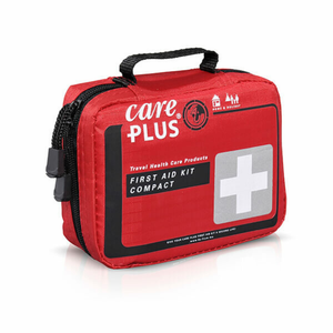Care Plus First Aid Kit Compact rode kleine EHBO-tas met ritssluiting, zwart handvat en wit kruis logo