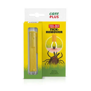 Een geel-groene blisterverpakking van de Care Plus Tick-Out Tick-Remover tekentang, waarop de gele tekentang zichtbaar is in het venster en een illustratie van een teek staat afgebeeld.