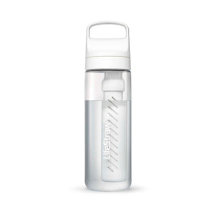 Transparante Lifestraw plastic drinkfles van 650ml met waterfilter voor veilig drinkwater tijdens reizen.