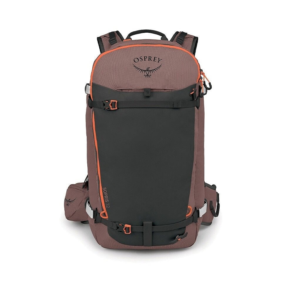 Osprey Sopris 32L dames toerskirugzak in bruin en zwart met oranje accenten, skiriemen en heupband