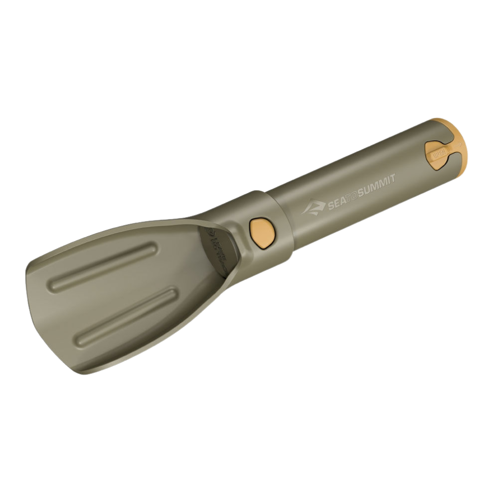 Sea to Summit Pocket Trowel Burnt Olive lichte olijfgroene kampeerschop volledig in ingeklapte toestand
