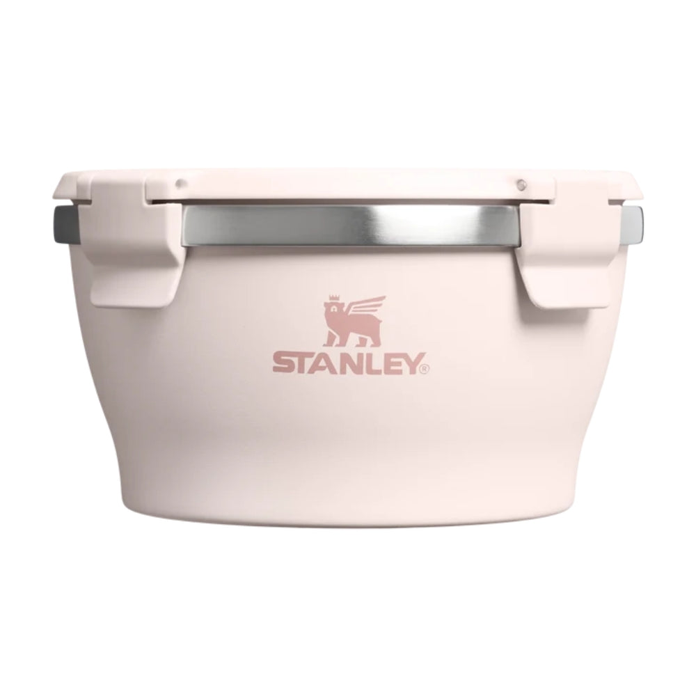 Stanley Leakproof Bowl 946ml roze RVS kom met logo, zilverkleurige rand en afsluitclips
