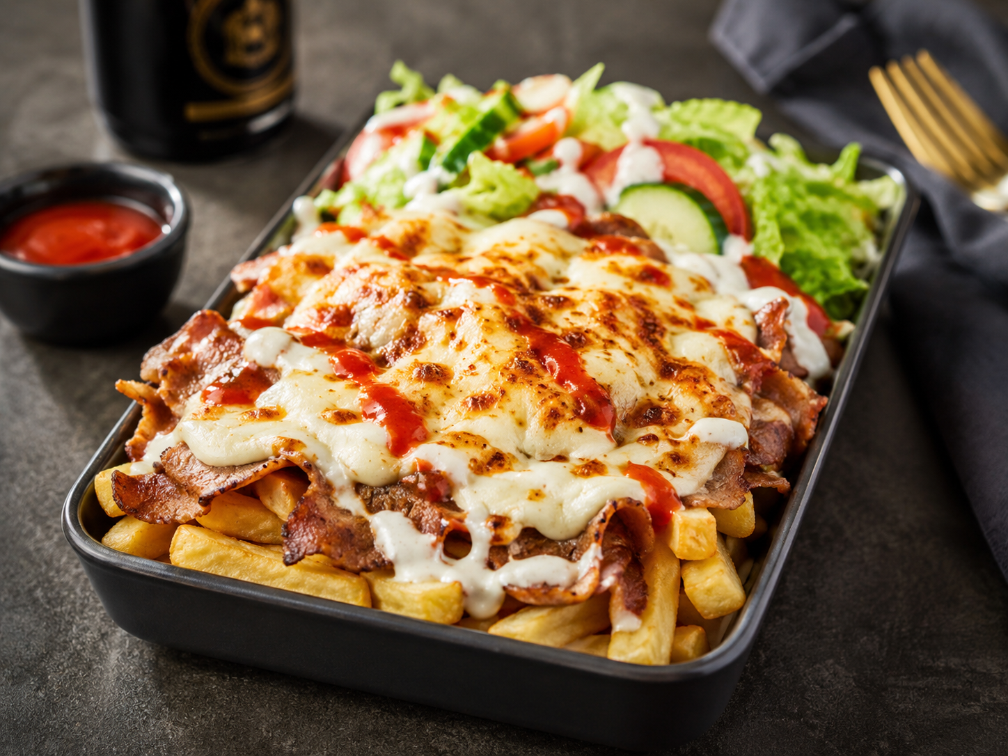 Kapsalon döner kebab met friet, gesmolten kaas, knoflooksaus, sambal en een frisse salade in een zwarte schaal