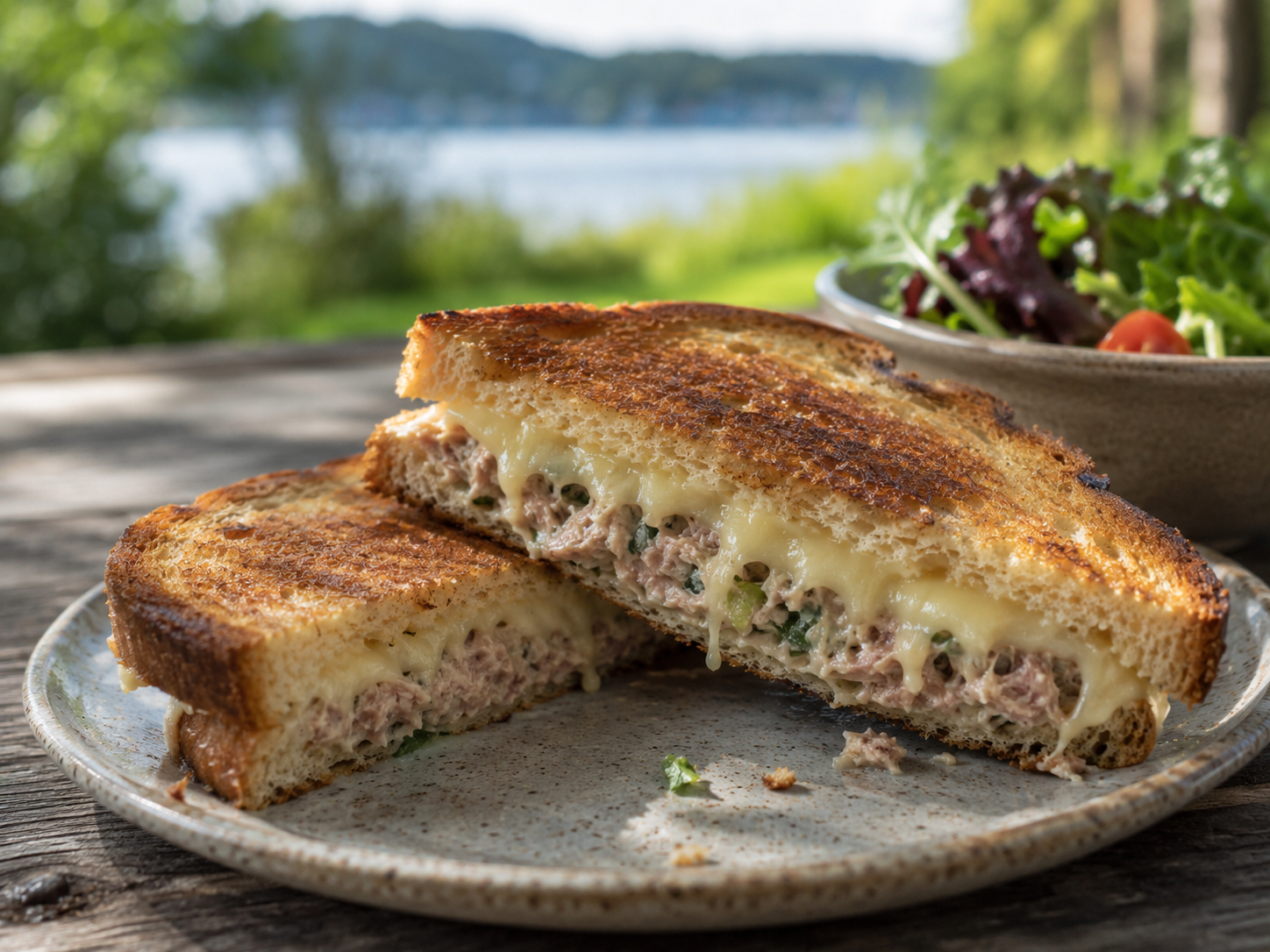 Goudbruin geroosterde Tuna Melt tosti met gesmolten kaas en tonijnsalade op een bord, met salade op de achtergrond