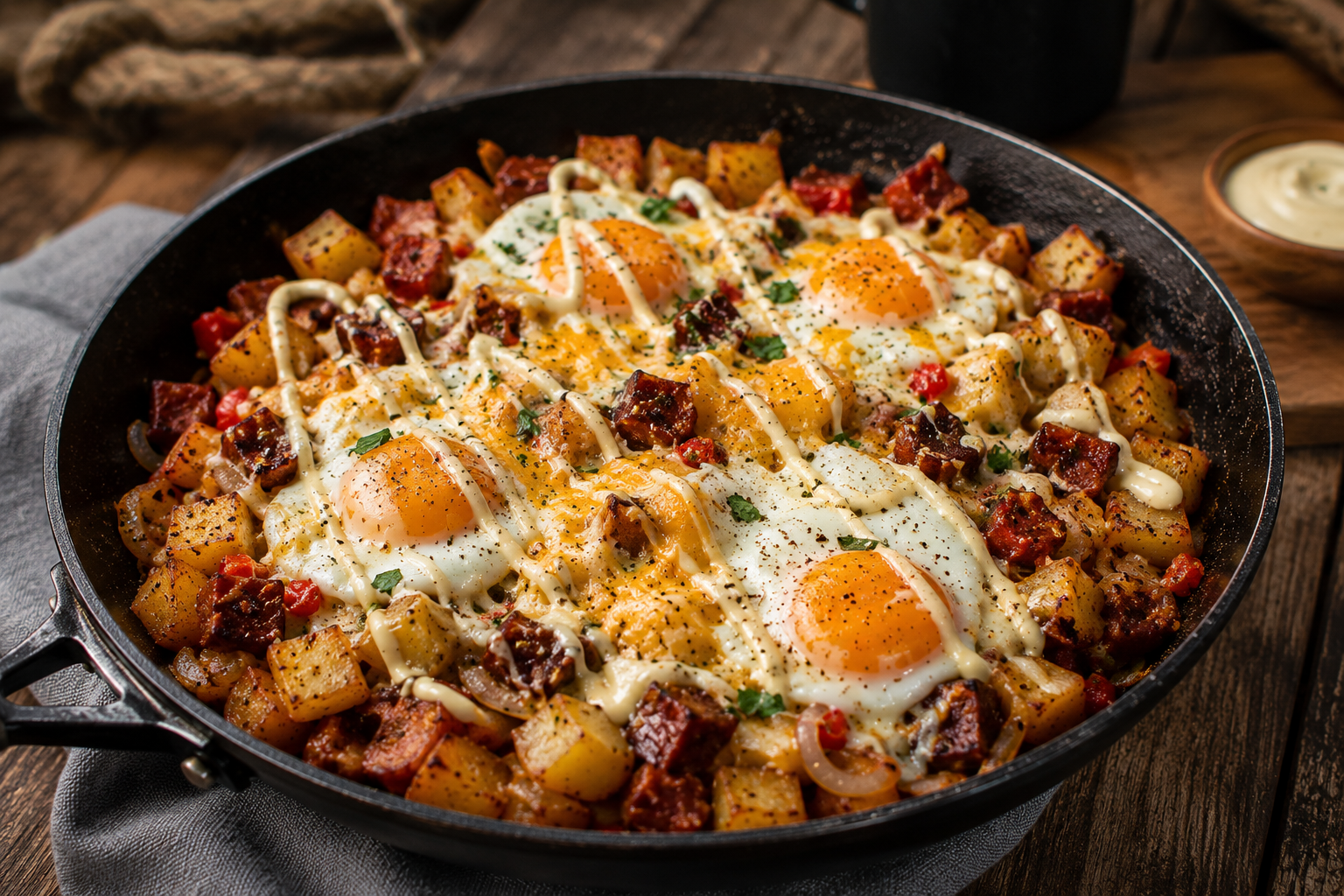 Een gietijzeren pan gevuld met een stevig ontbijtpannetje van gebakken aardappelblokjes, stukjes chorizo, gesmolten kaas en vier spiegeleieren, afgetopt met saus en peterselie.