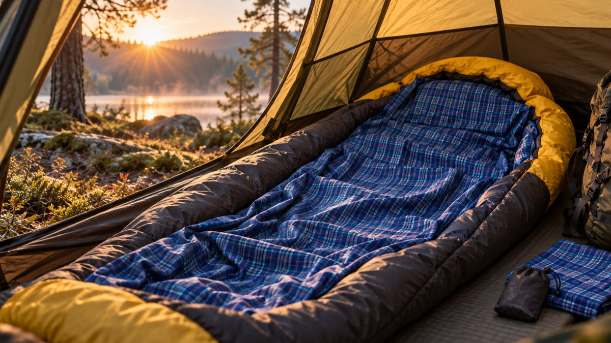 Blauwe Cocoon lakenzak in een slaapzak bij een open tent