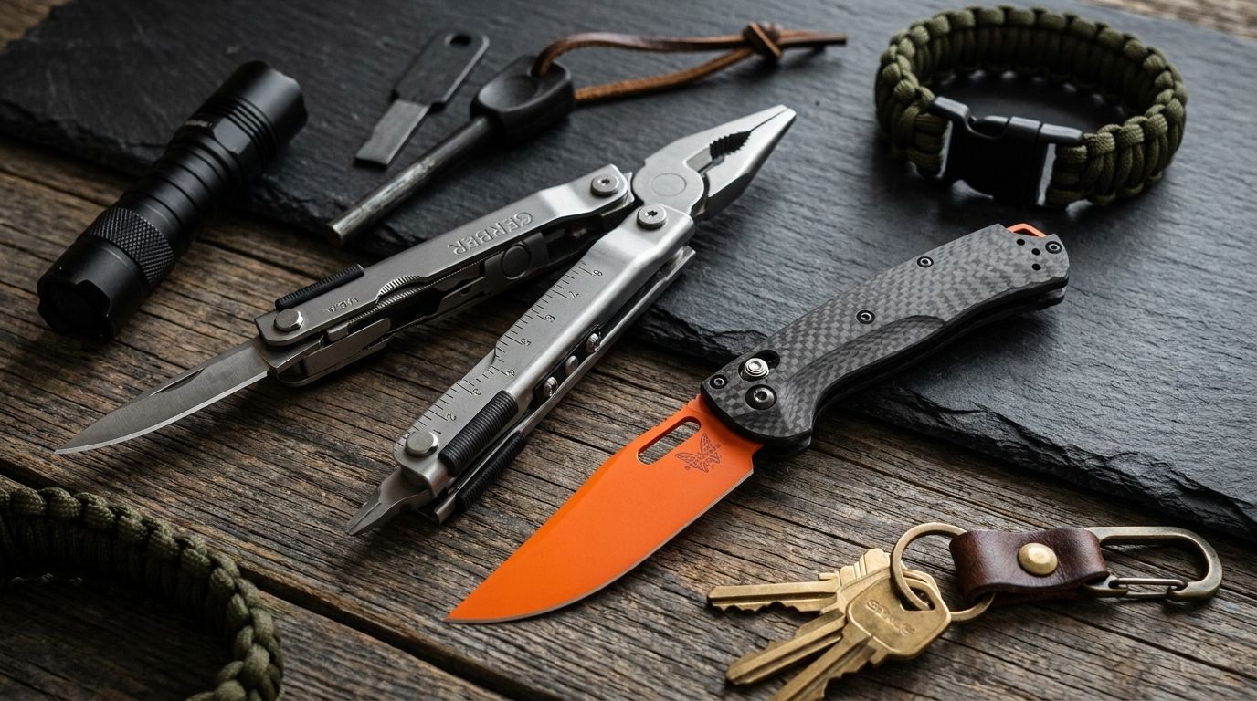 Een complete multitool set voor outdoor activiteiten, inclusief een sleutelhanger en een survival armband en vuursteen en staal