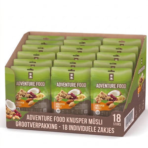 Adventure Food Expedition Breakfast in een kartonnen bulkdoos met 18 individuele maaltijdzakjes van 600 kcal.