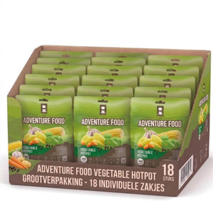 Adventure Food Expedition Breakfast in een kartonnen bulkdoos met 18 individuele maaltijdzakjes van 600 kcal.