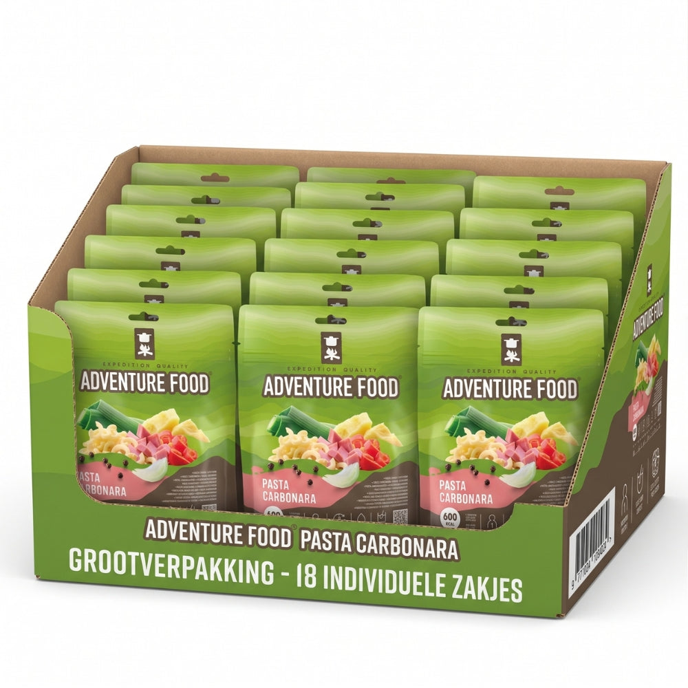 nture Food Expedition Breakfast bulkdoos 18 stuks
Alt-tekst: Adventure Food Expedition Breakfast in een kartonnen bulkdoos met 18 individuele maaltijdzakjes van 600 kcal.