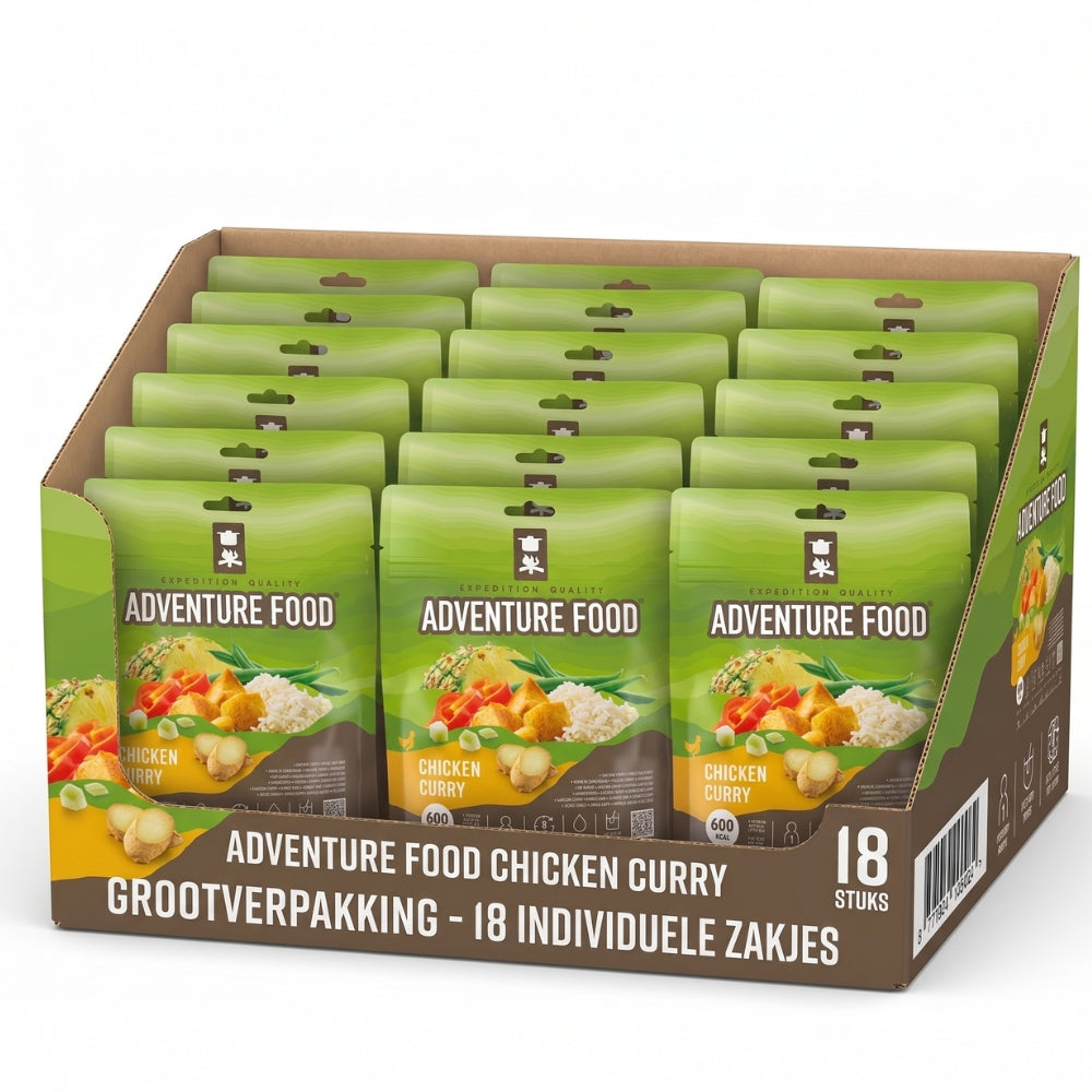 Adventure Food Expedition Breakfast in een kartonnen bulkdoos met 18 individuele maaltijdzakjes van 600 kcal.