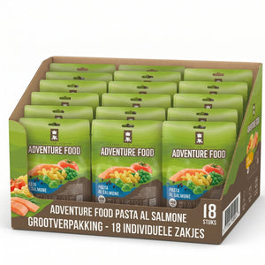 Adventure Food Expedition Breakfast in een kartonnen bulkdoos met 18 individuele maaltijdzakjes van 600 kcal.