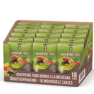 Adventure Food Expedition Breakfast in een kartonnen bulkdoos met 18 individuele maaltijdzakjes van 600 kcal.