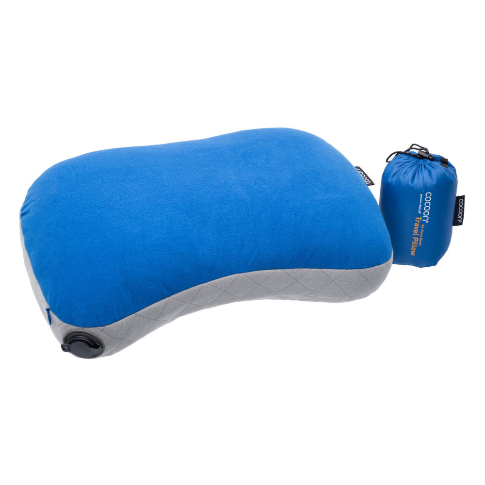 Air-Core Down Travel Pillow reiskussen in true blue en grey met donsvulling, afmetingen 39x26x12 cm