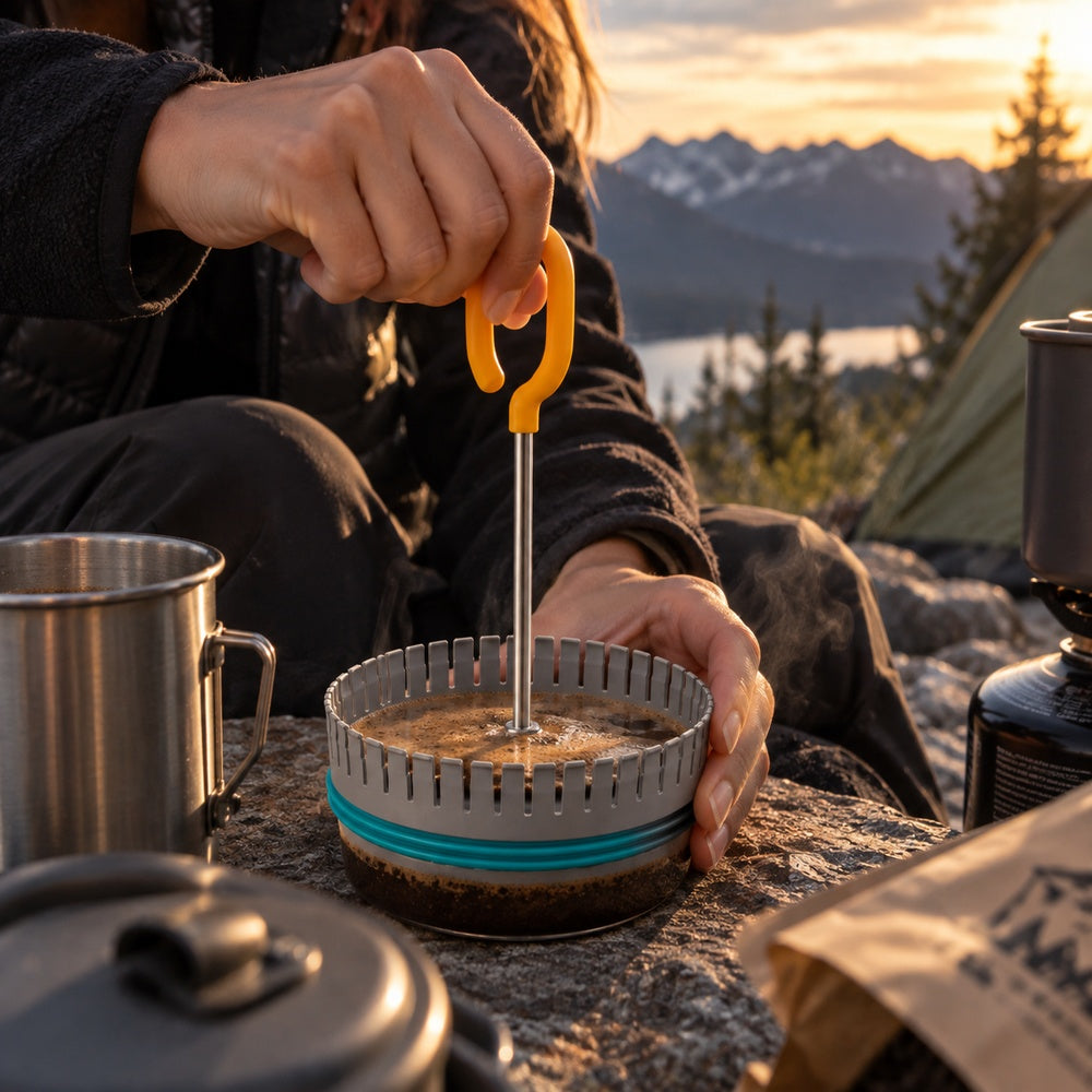 BioLite CoffeePress rvs filterstempel met oranje handgreep en blauwe ring in gebruik tijdens het zetten van koffie in de natuur   
