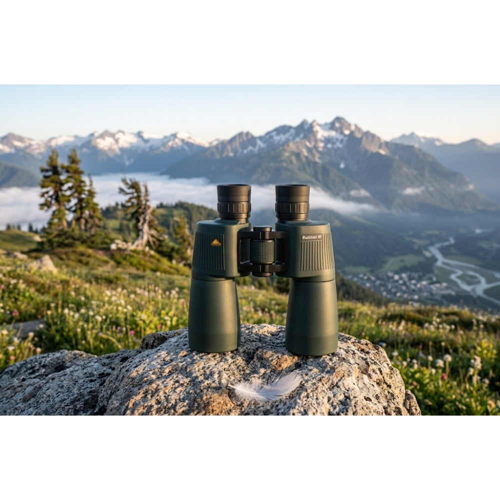 Bynolyt Runner III 7x50 Fixed Focus porro verrekijker met zwarte rubberen behuizing en vaste scherpstelling