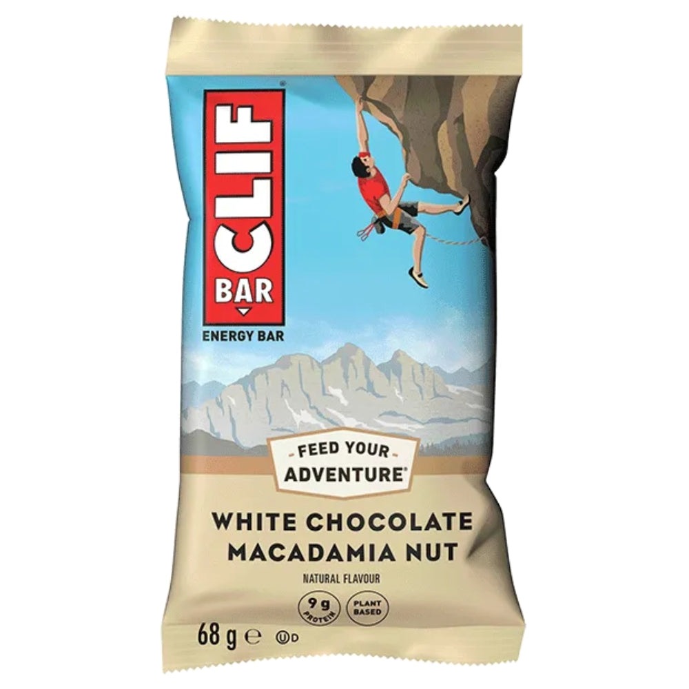 Clif Bar White Chocolate Macadamia Nut energiereep in folieverpakking met witte chocoladestukjes en macadamianoten