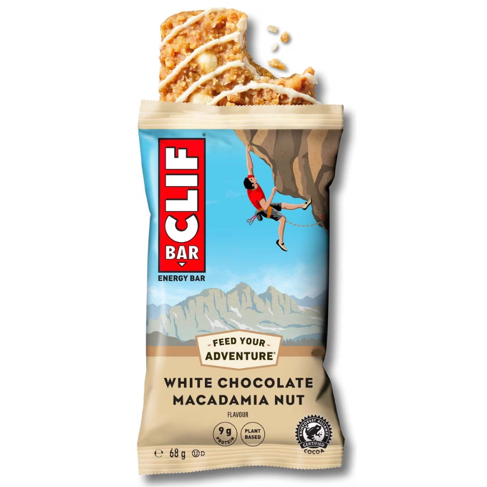 Clif Bar White Chocolate Macadamia Nut energiereep in folieverpakking met witte chocoladestukjes en macadamianoten