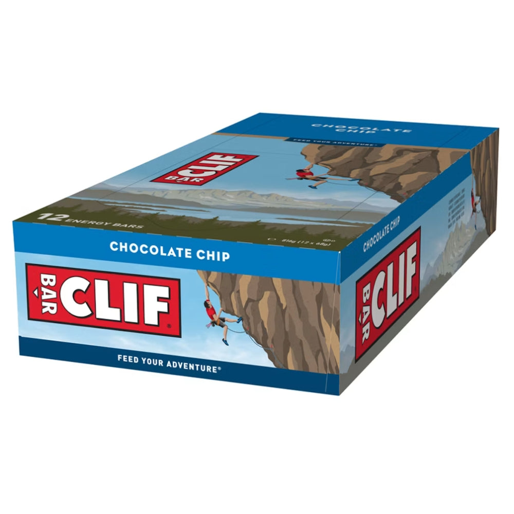 Clif Bar Chocolate Chip energierol doos met 12 outdoor snacks en haverchocoladesmaak