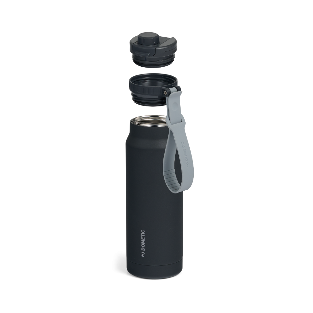 Dometic Chug Bottle 1L zwarte fles voorzien van een dop met flexibele lus