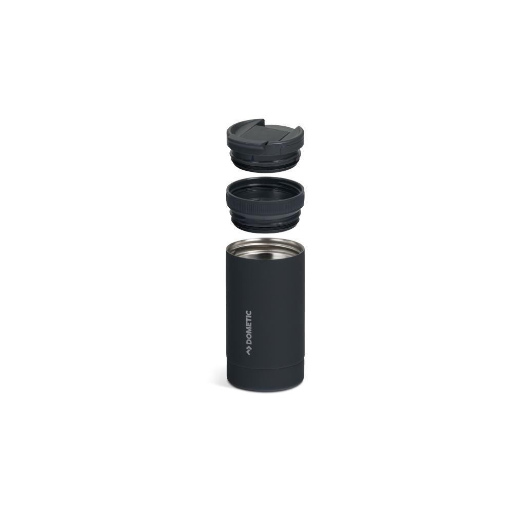 Dometic Tumbler 350ml zwarte beker getoond met losse onderdelen en dopjes