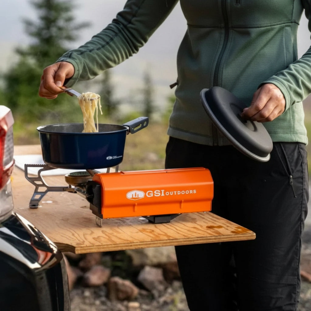 GSI Outdoors oranje campingkooktoestel met blauwe kookpan en persoon die pasta opschept buiten