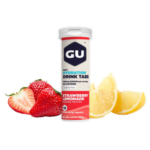 GU Hydration Drink Tabs Strawberry Lemonade elektrolyten bruistabletten in een compacte koker van 12 stuks