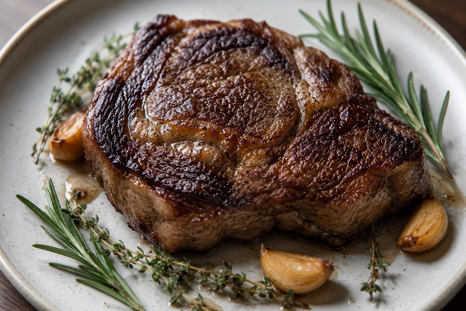 Close-up van een sappige, medium-gelaagde ribeye steak met een diepbruine korst. De steak ligt op een lichtgekleurd keramisch bord en is omringd door takjes verse rozemarijn, tijm en goudbruin gebakken teentjes knoflook in een subtiele jus.
