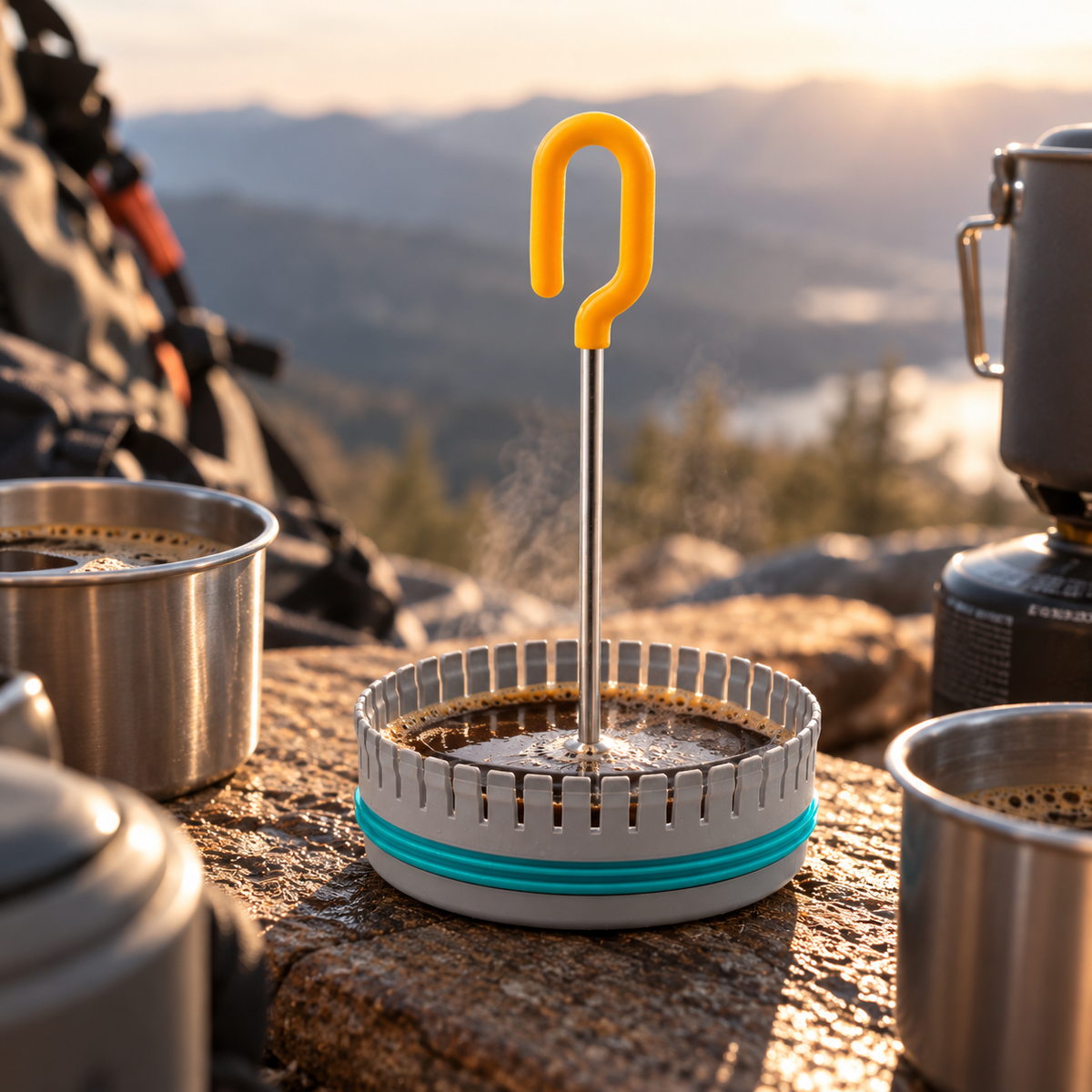 BioLite CoffeePress rvs filterstempel met opvallende oranje handgreep en blauwe ring voor de outdoor kampeerpot