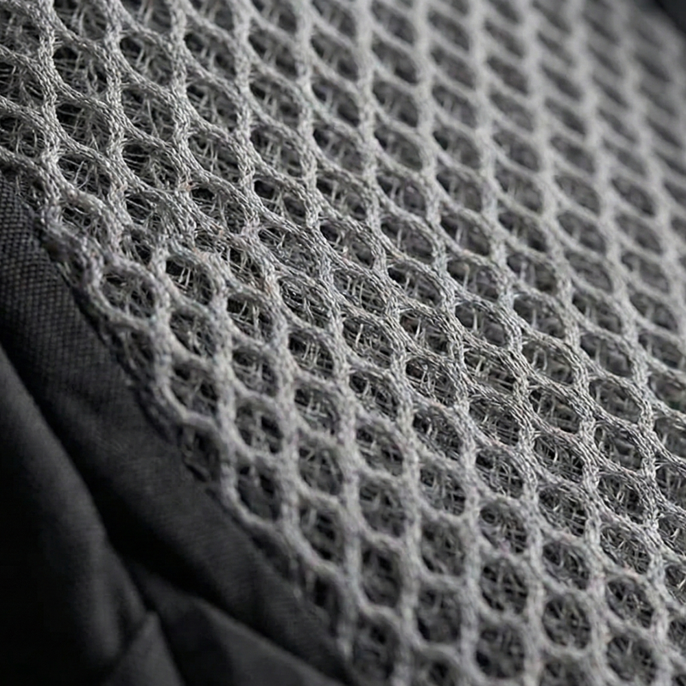 Gregory wandelrugzak close-up van grijs ademend mesh materiaal en ventilatiestructuur van het rugpaneel