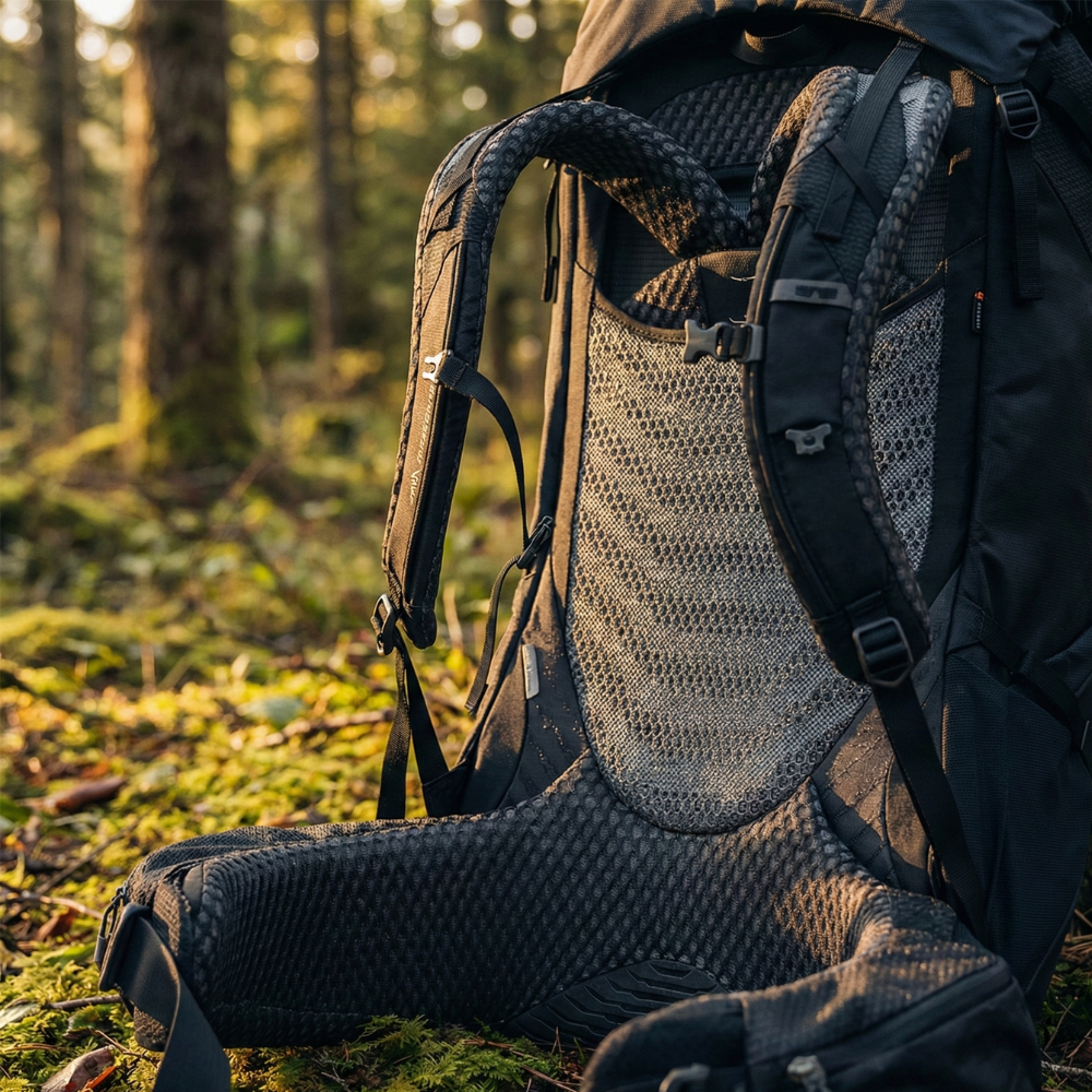 Gregory zwarte wandelrugzak met ergonomisch ademend mesh rugpaneel en gevoerde schouderbanden in het bos