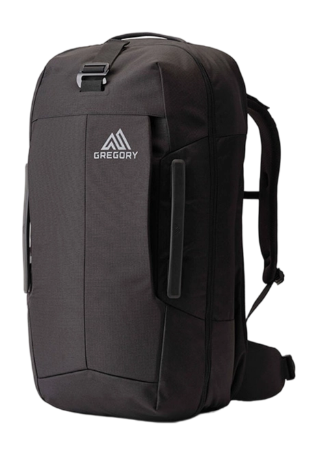 Gregory zwarte nylon rugzak met comfortabele schouderbanden, voorvak met ritssluiting en wit merklogo op de voorzijde