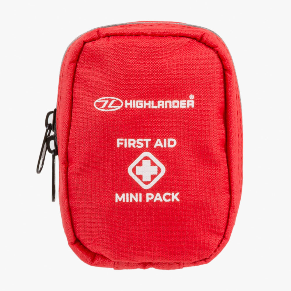Highlander First Aid Mini Pack compacte outdoor EHBO-set in een rood etui met rits en medische basisbenodigdheden