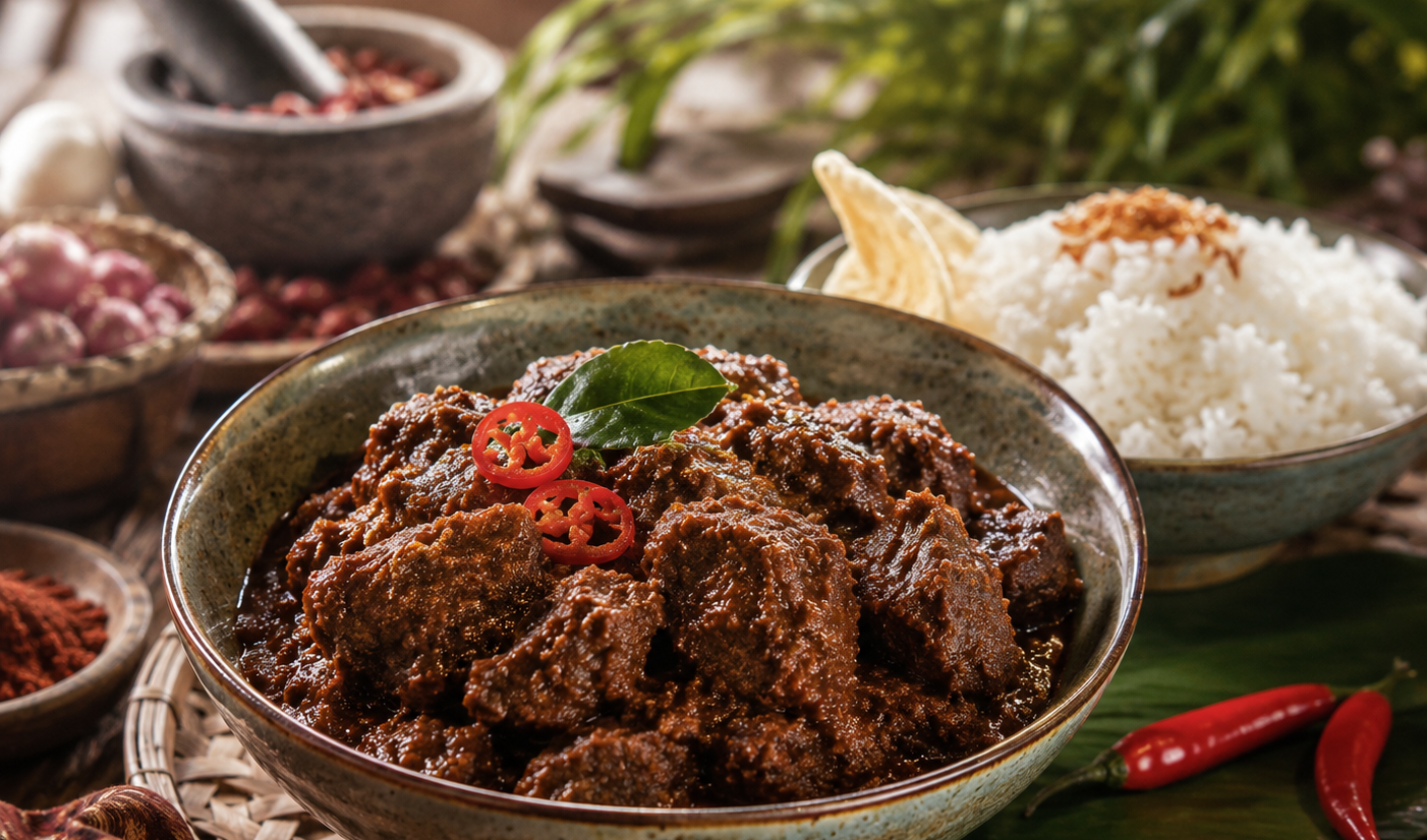 Indonesische rendang daging van rundvlees in een kom, geserveerd met witte rijst, chilipeper en kroeppoek
