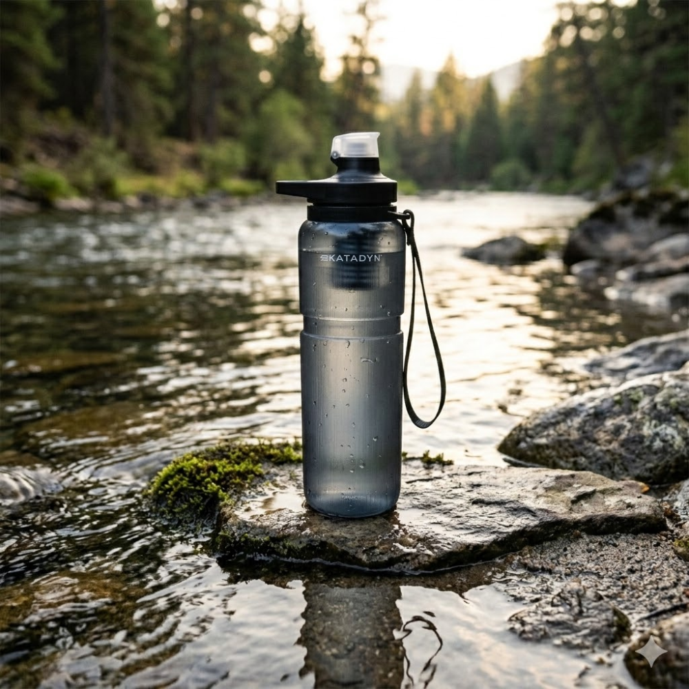 Katadyn BeFree AC Bottle 0,9L staand op een steen in een ondiepe beek omringd door bos