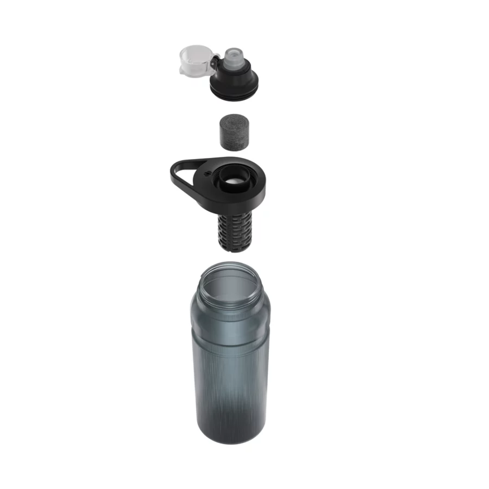Katadyn BeFree AC Bottle 0,9L met alle onderdelen: fles, filter, mondstuk en dop, losgekoppeld getoond