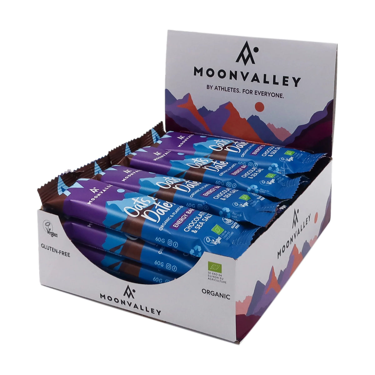 Moonvalley Oats and Dates Chocolate and Sea Salt biologische energy bar displaydoos gevuld met paarse wikkels van 60 gram