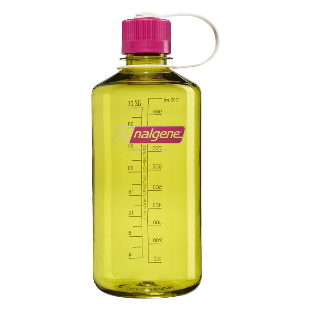  Nalgene Wide-Mouth waterfles 1000ml van duurzaam kunststof in olijfgroen met opvallende roze schroefdop   