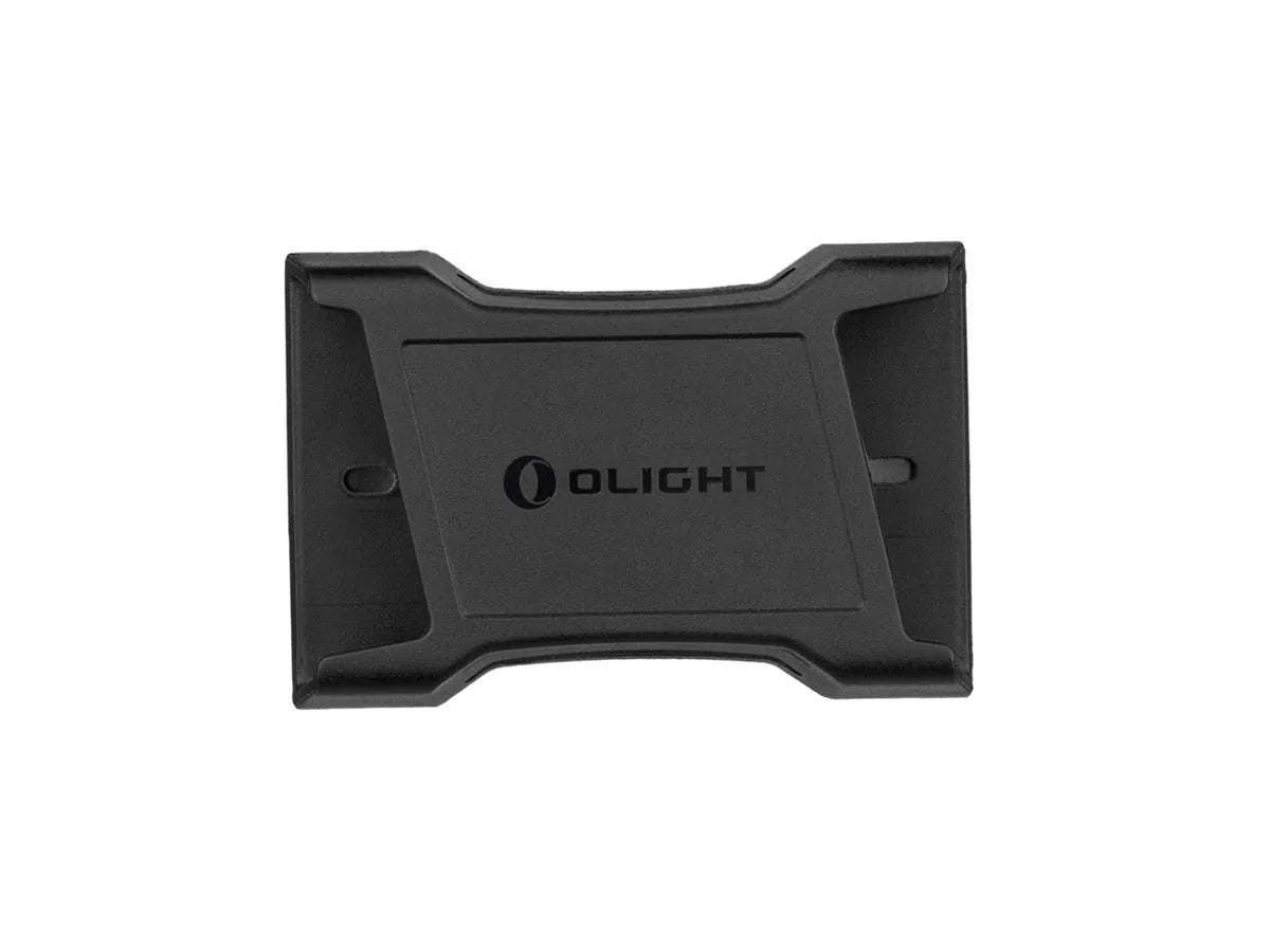 Zwarte kunststof montageplaat of riemclip met het Olight logo voor de holster van de Seeker 4 Pro zaklamp   