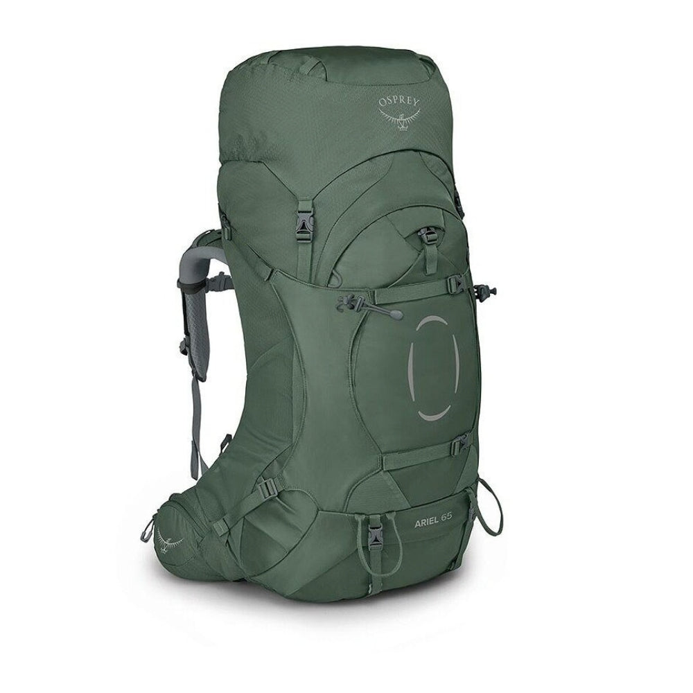 Osprey Ariel 65 dames rugzak detail van het ademende rugpand en de ergonomische heupbanden