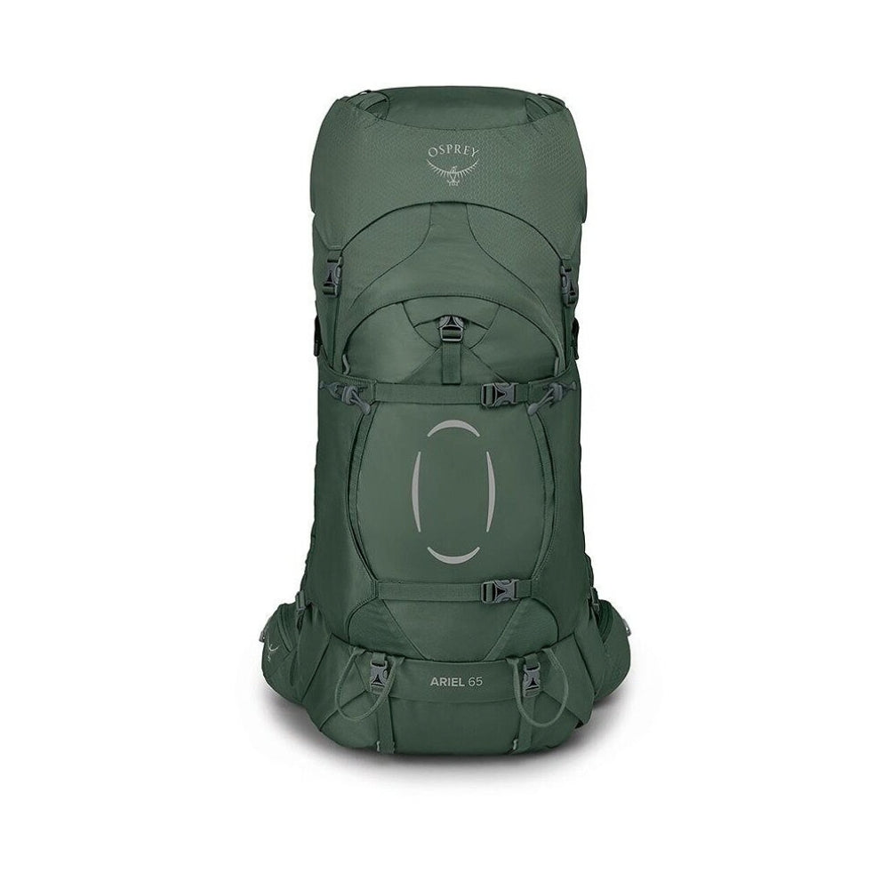 Osprey Ariel 65 dames trekkingrugzak in de kleur Koseret Green, van voren gezien met compressiebanden en voorvak