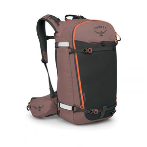 Profielzijkant van de bruine Osprey Sopris 32L dames toerskirugzak met compressiebanden en bevestigingen