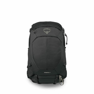 Osprey Stratos 34 Raven Black zwarte wandelrugzak van de voorkant met het Osprey logo en bevestigingslussen