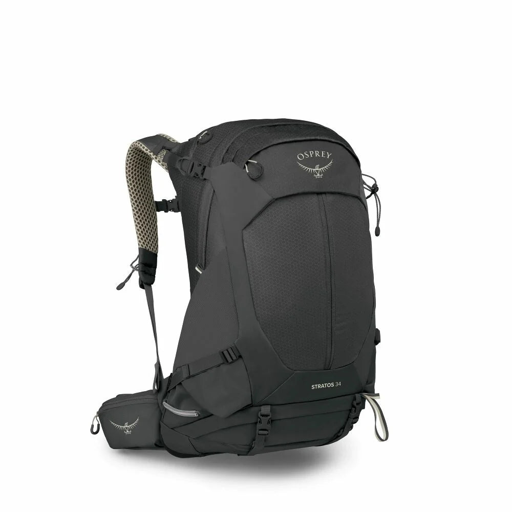 Osprey Stratos 34 Raven Black zwarte wandelrugzak in zijaanzicht met compressiebanden en opbergvakken