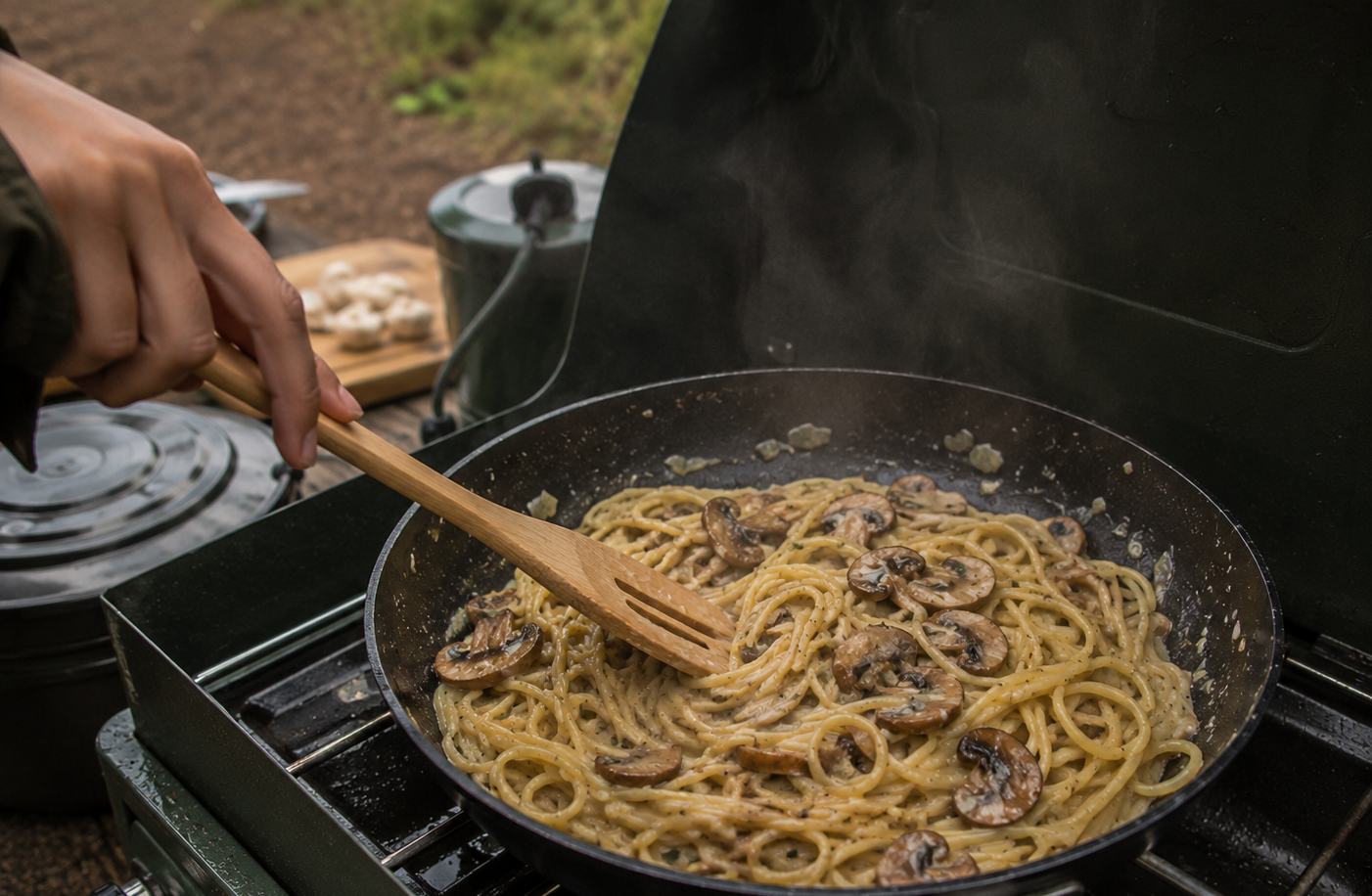 Camping kooktoestel met een zwarte koekenpan waarin spaghetti met champignons wordt omgeroerd met een houten spatel